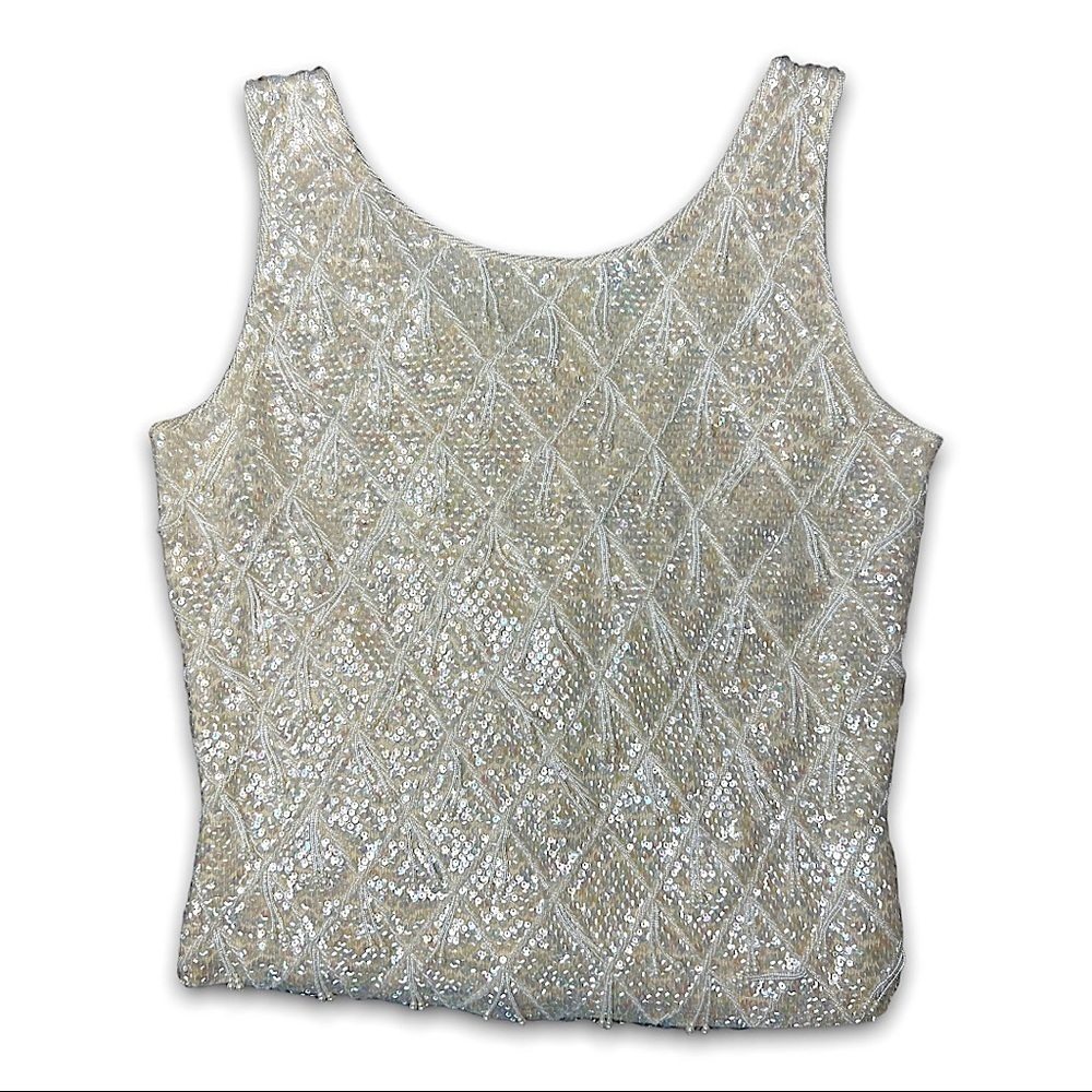 VINTAGE 60s Windowpane Pearl Bead Fringe Iridescent Sequin Wool Sleeveless Top M
